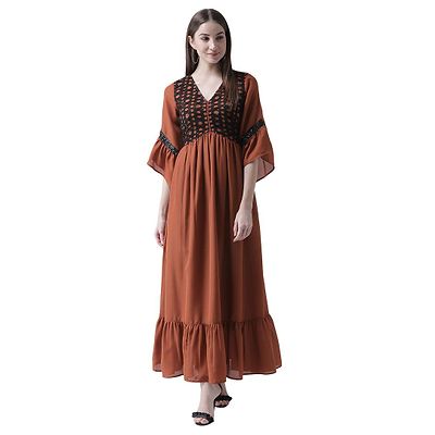 Women's Brown Polyester Solid Maxi Length Dress 