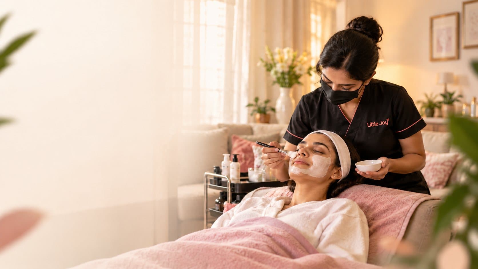 Little Joy beautician giving a facial to a customer at home